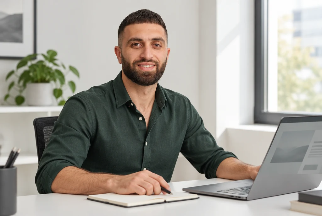 AI-beeld van Aroo in een groen overhemd, werkend aan een laptop in een lichte kantooromgeving