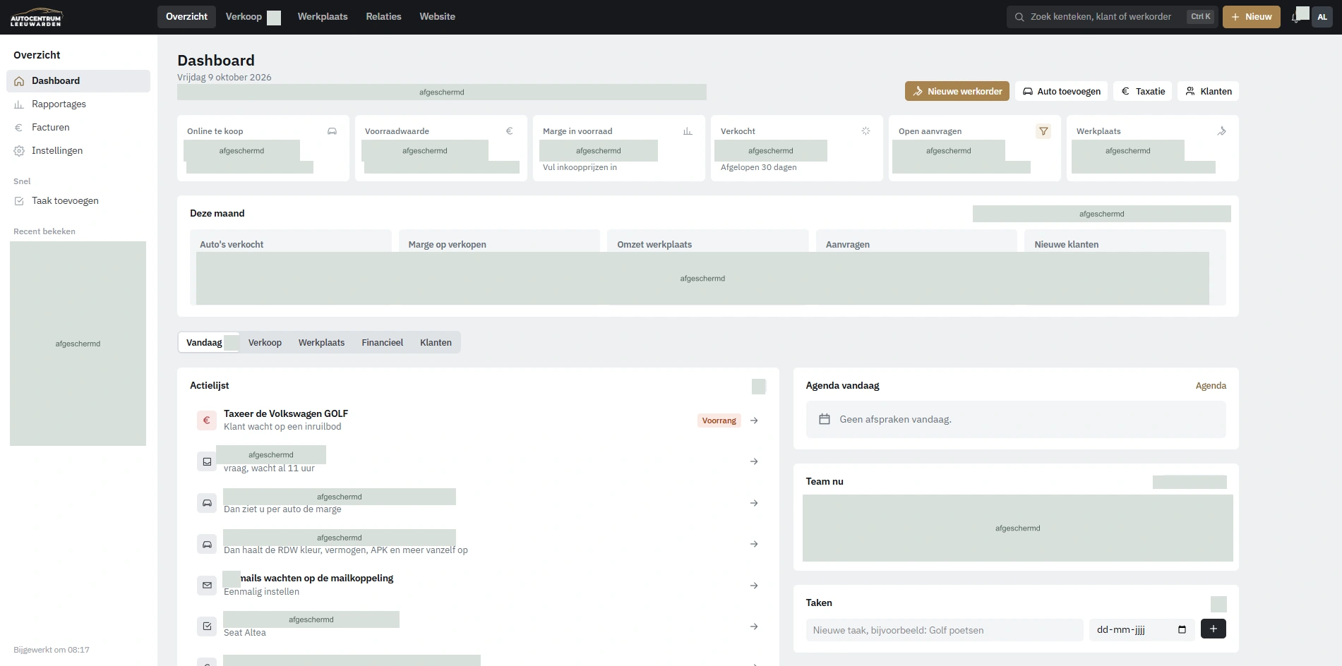 Autocentrum-beheerdashboard met actielijst, agenda en afgeschermde bedrijfsgegevens