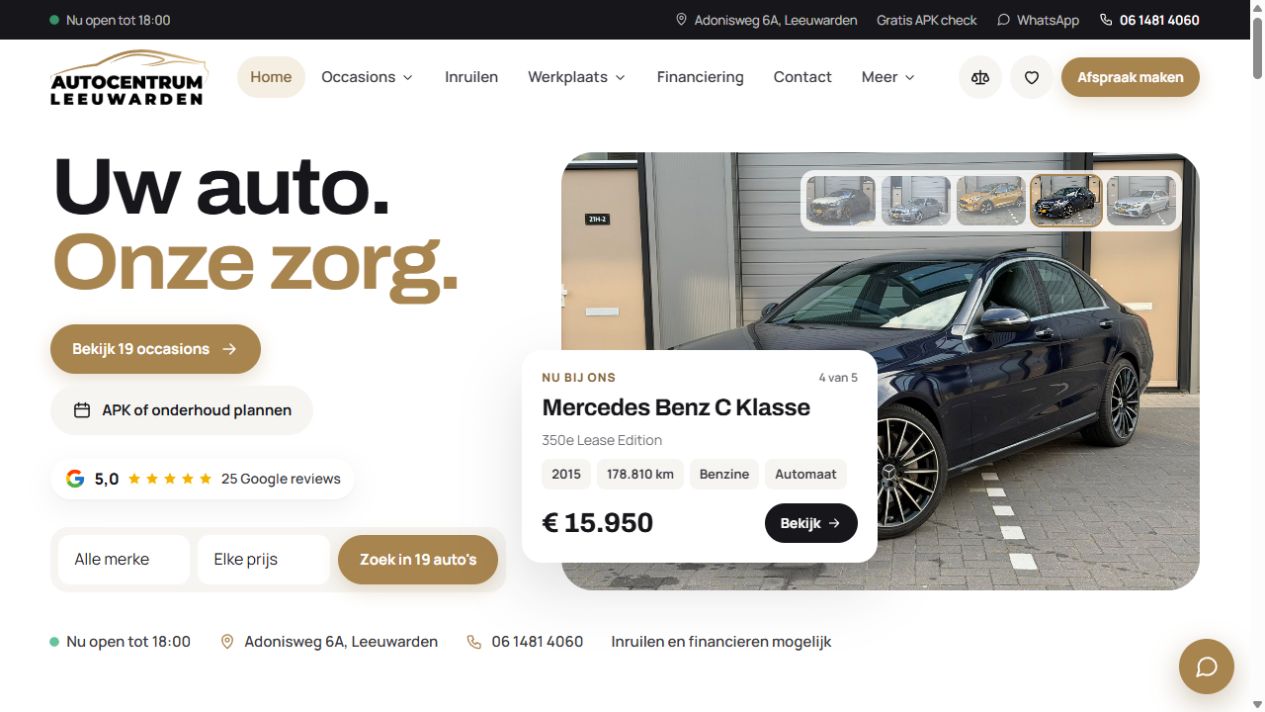 De Autocentrum Leeuwarden-website met occasionaanbod en werkplaatsingang