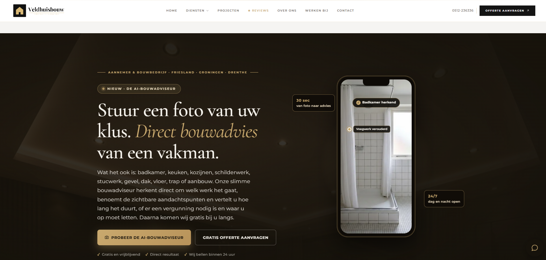 De echte Veldhuisbouw-website met de AI-bouwadviseur in de hoofdpresentatie