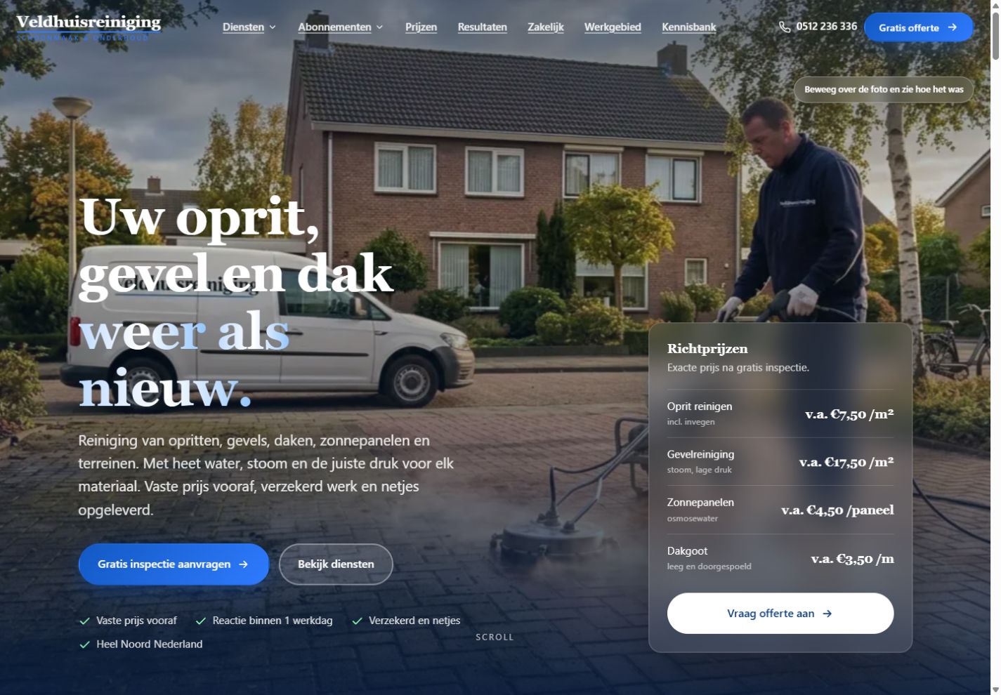 De Veldhuis Reiniging-website met buitenreiniging en een offerte-ingang