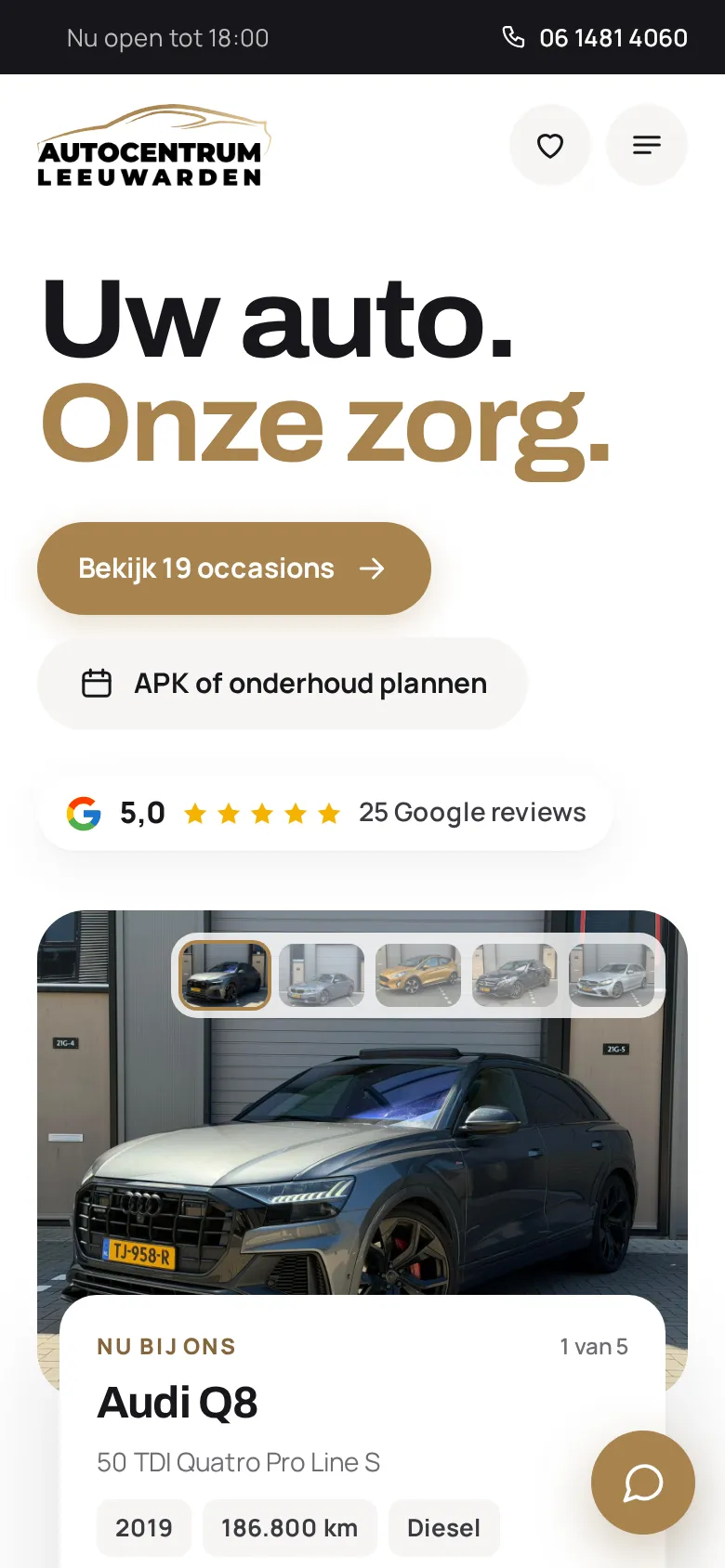 Mobiele weergave van de website van Autocentrum Leeuwarden met knoppen voor occasions en APK