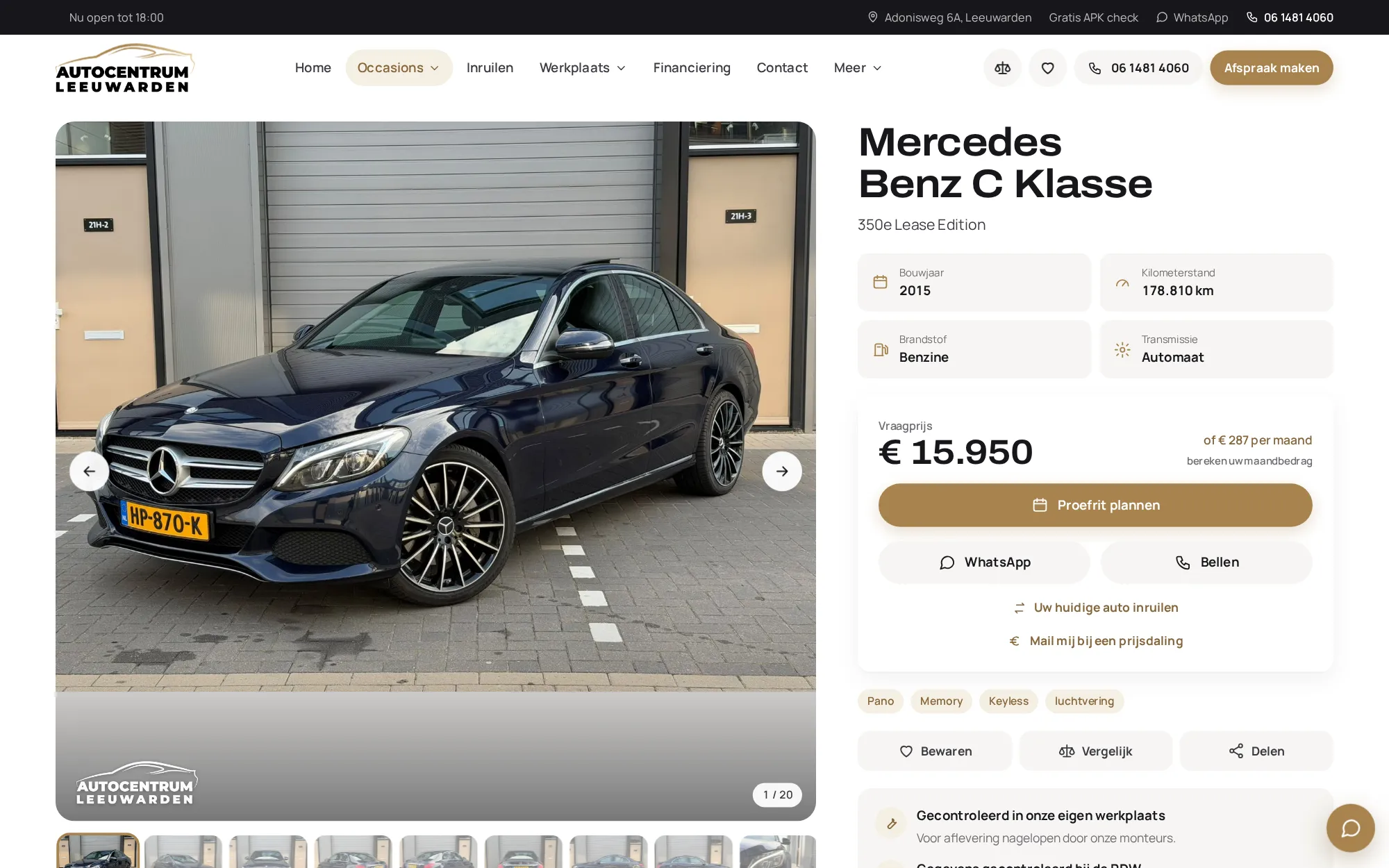 Autopagina op de occasionwebsite van Autocentrum Leeuwarden met foto, specificaties, vraagprijs en knoppen voor proefrit en WhatsApp
