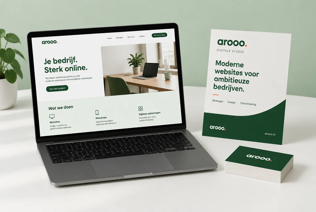 Website, flyer en visitekaartjes in dezelfde groene huisstijl op een bureau