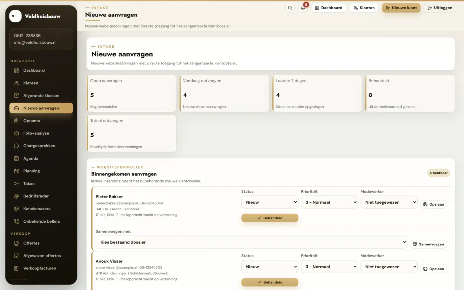 Nieuwe aanvragen: Alles wat van de website binnenkwam, met plaats, dienst en de volgende stap.