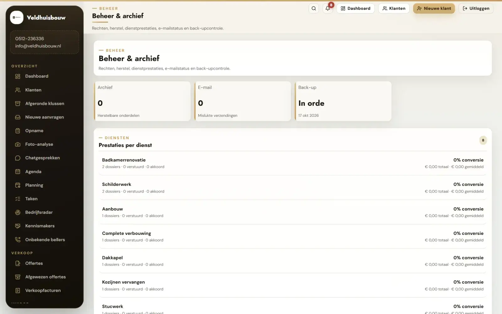 Beheer: Medewerkers, rollen, instellingen en archief.