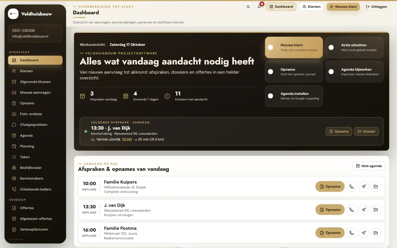 Dashboard van de bedrijfssoftware van Veldhuisbouw met de afspraken van vandaag, opgenomen met verzonnen klanten