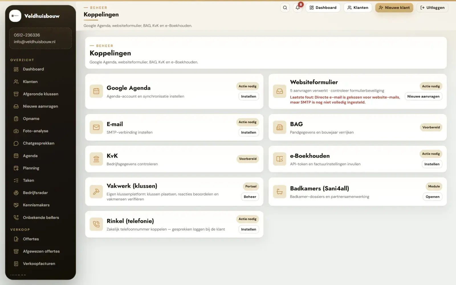 Koppelingen in de software: Per koppeling of hij actief is, wanneer hij voor het laatst liep en wat hij deed.
