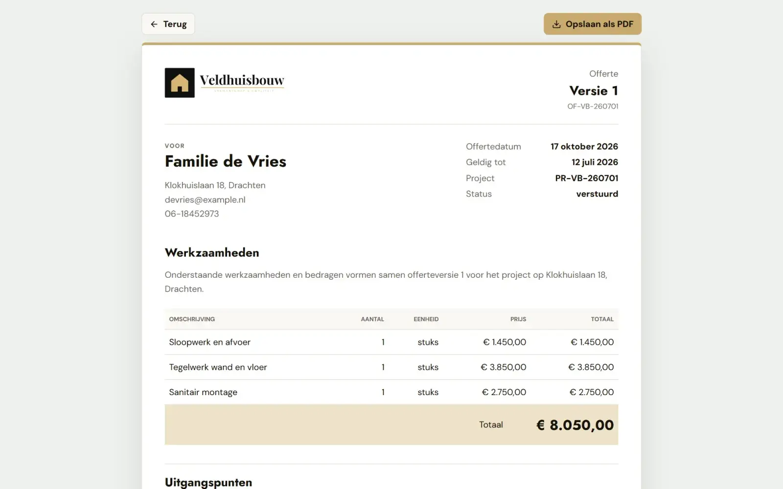 De offerte als document: Wat de klant krijgt: een nette offerte in de huisstijl van Veldhuisbouw.