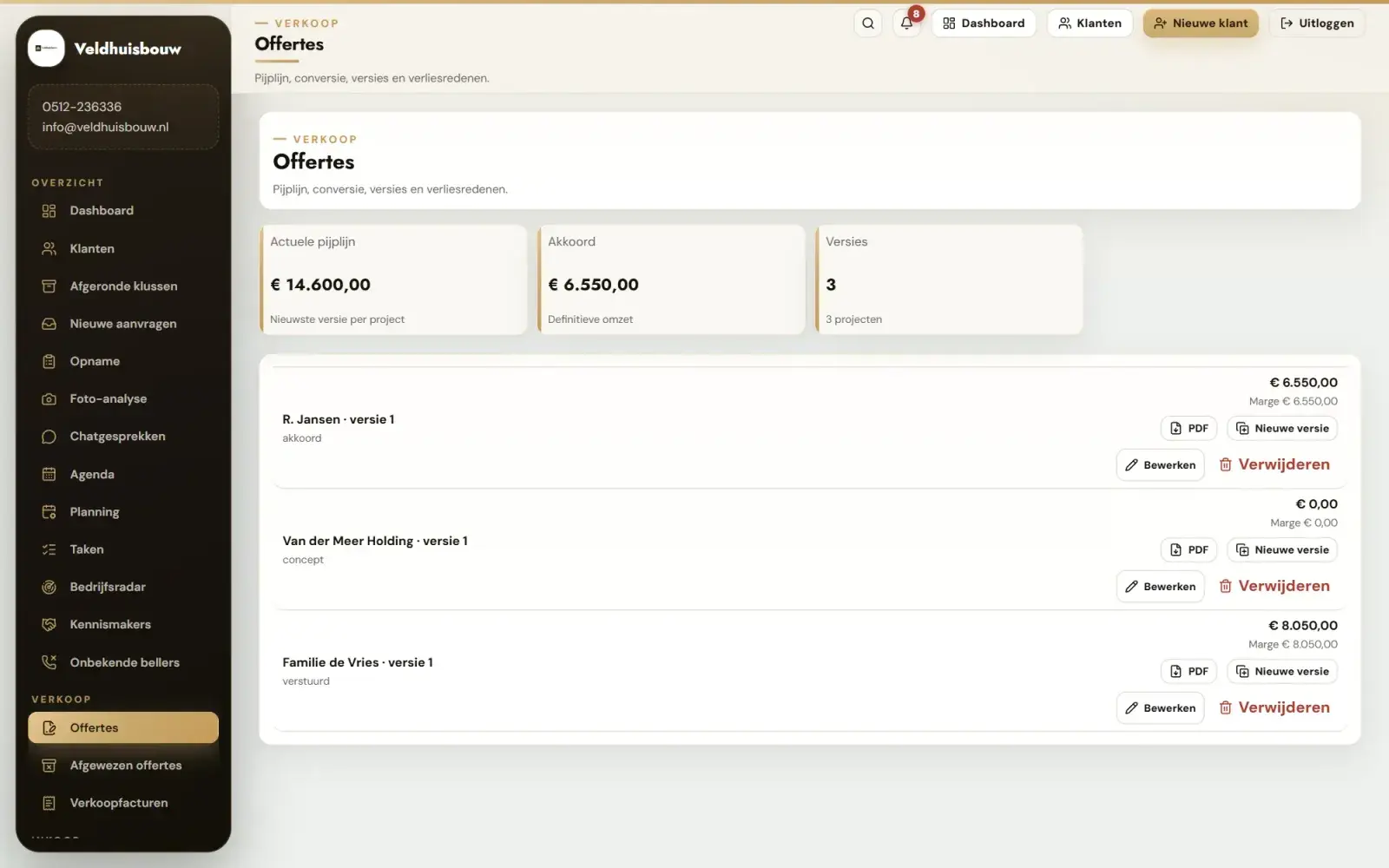 Offertes: Alle offertes met status: concept, verstuurd, akkoord of afgewezen.