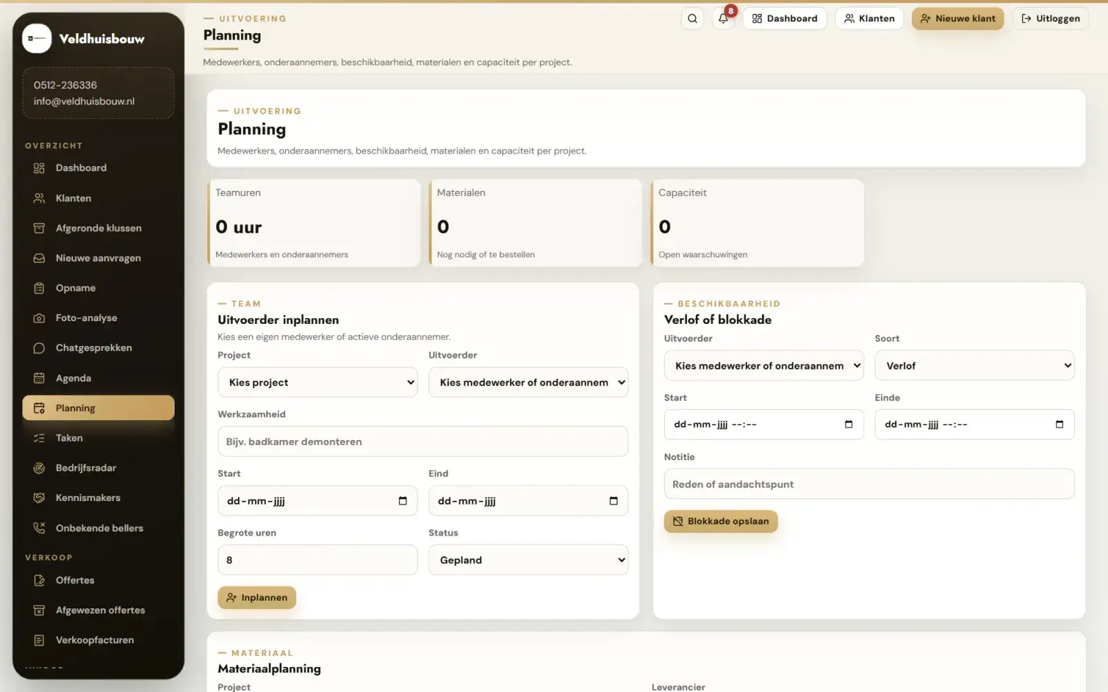 Planning: De uitvoering per week: wie werkt waar, en wanneer het materiaal binnen moet zijn.