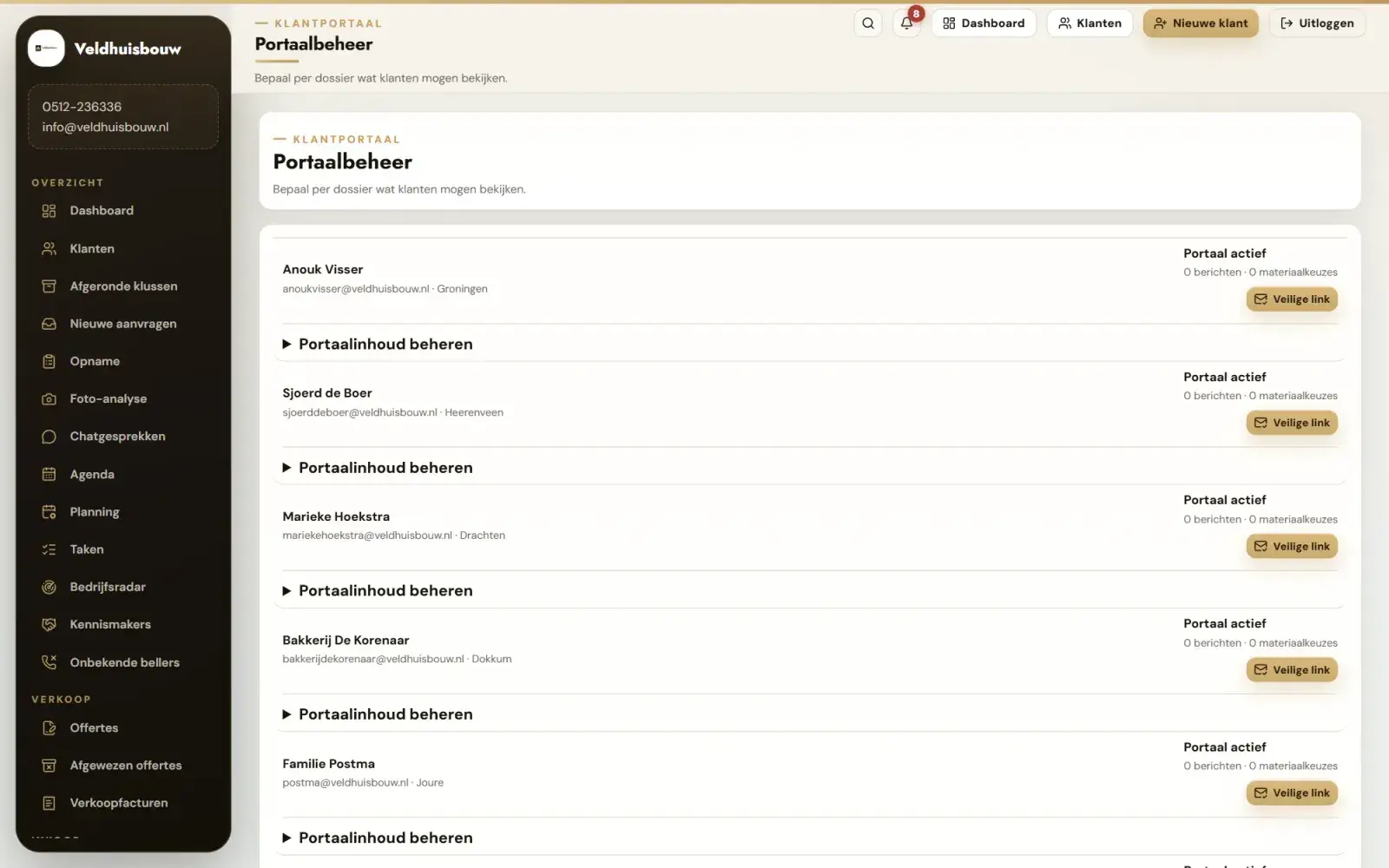 Portaalbeheer: Kantoor ziet welke klanten een portaal hebben en wat daar gedeeld is.