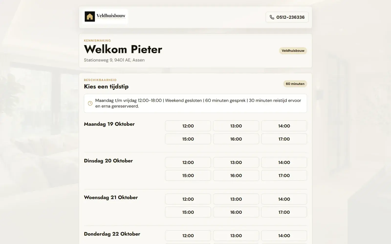 Planpagina waarop een klant van Veldhuisbouw zelf een tijd voor de kennismaking kiest