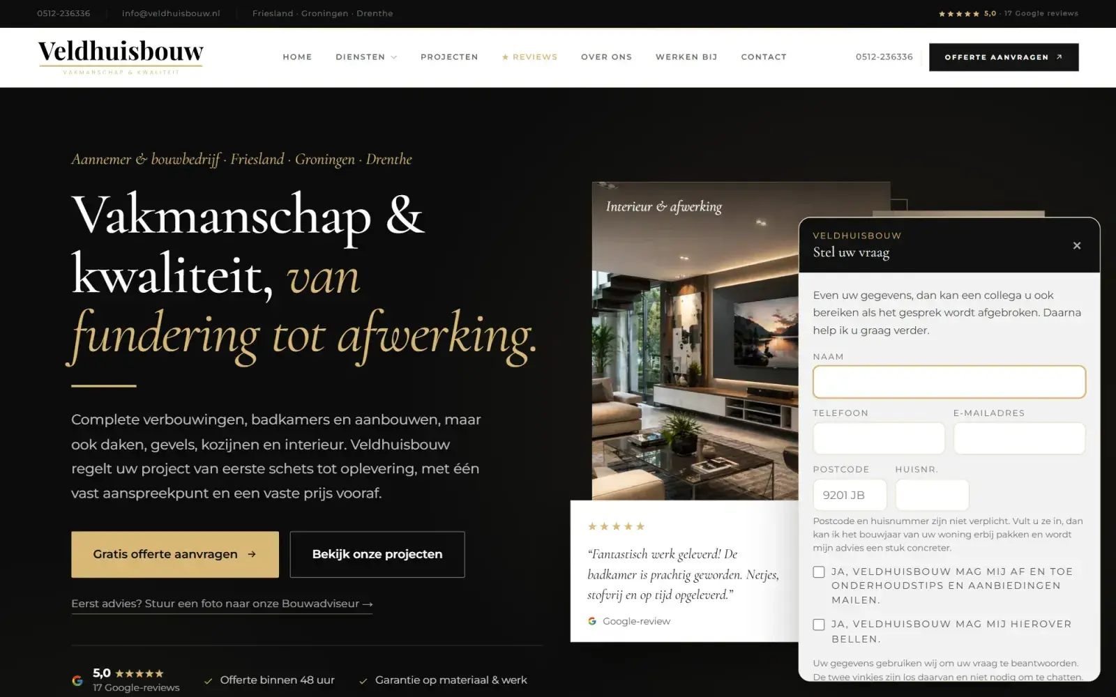 Chat op de site: Een vraag stellen over een klus, een prijs of het werkgebied, met het antwoord uit de eigen kennisbank.