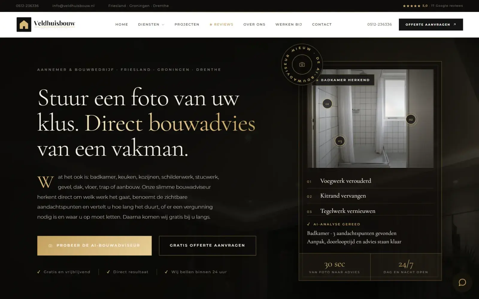 Homepage van Veldhuisbouw met de AI-bouwadviseur die een badkamerfoto herkent