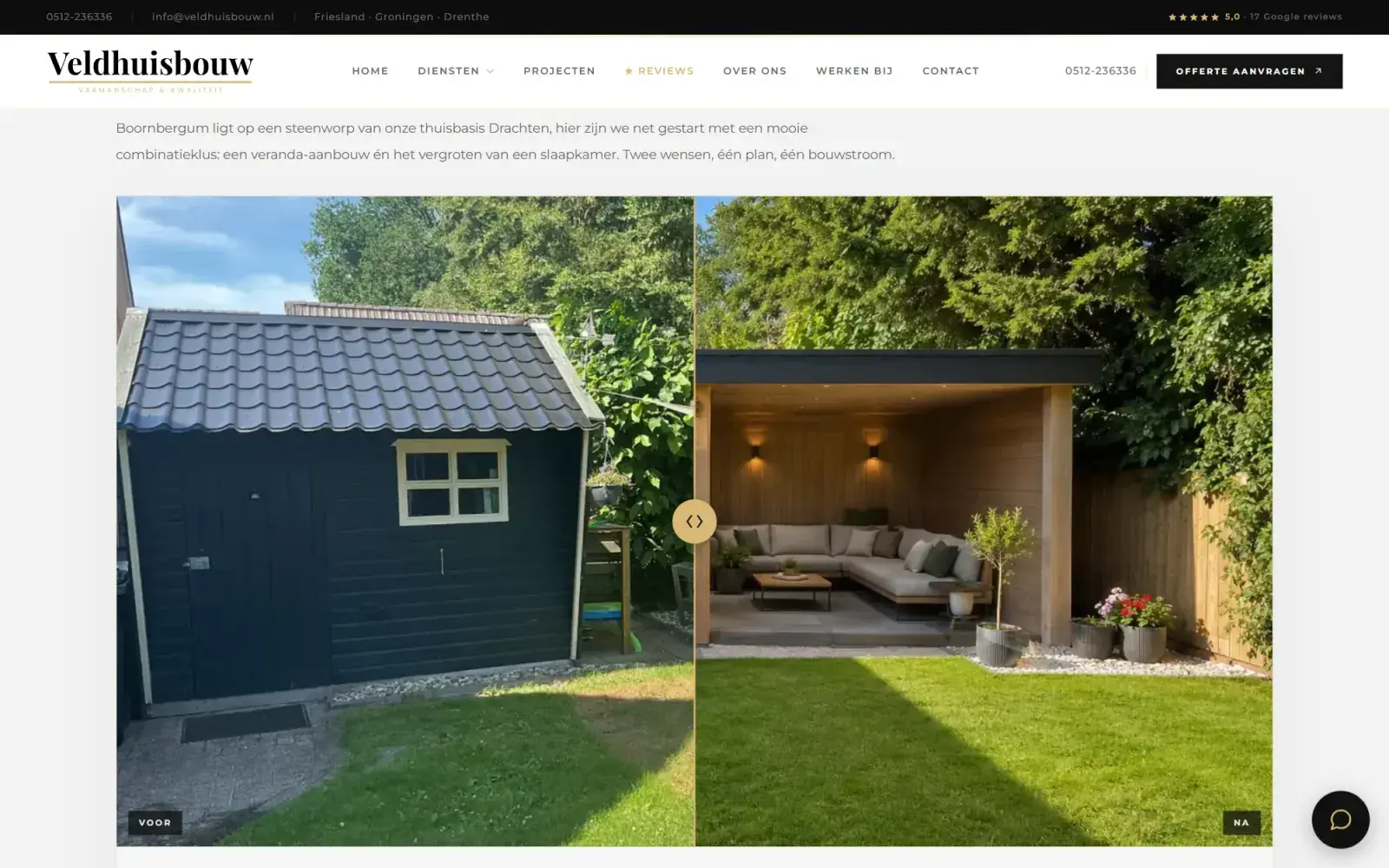 Projectenpagina van Veldhuisbouw met voor-en-na-schuifjes