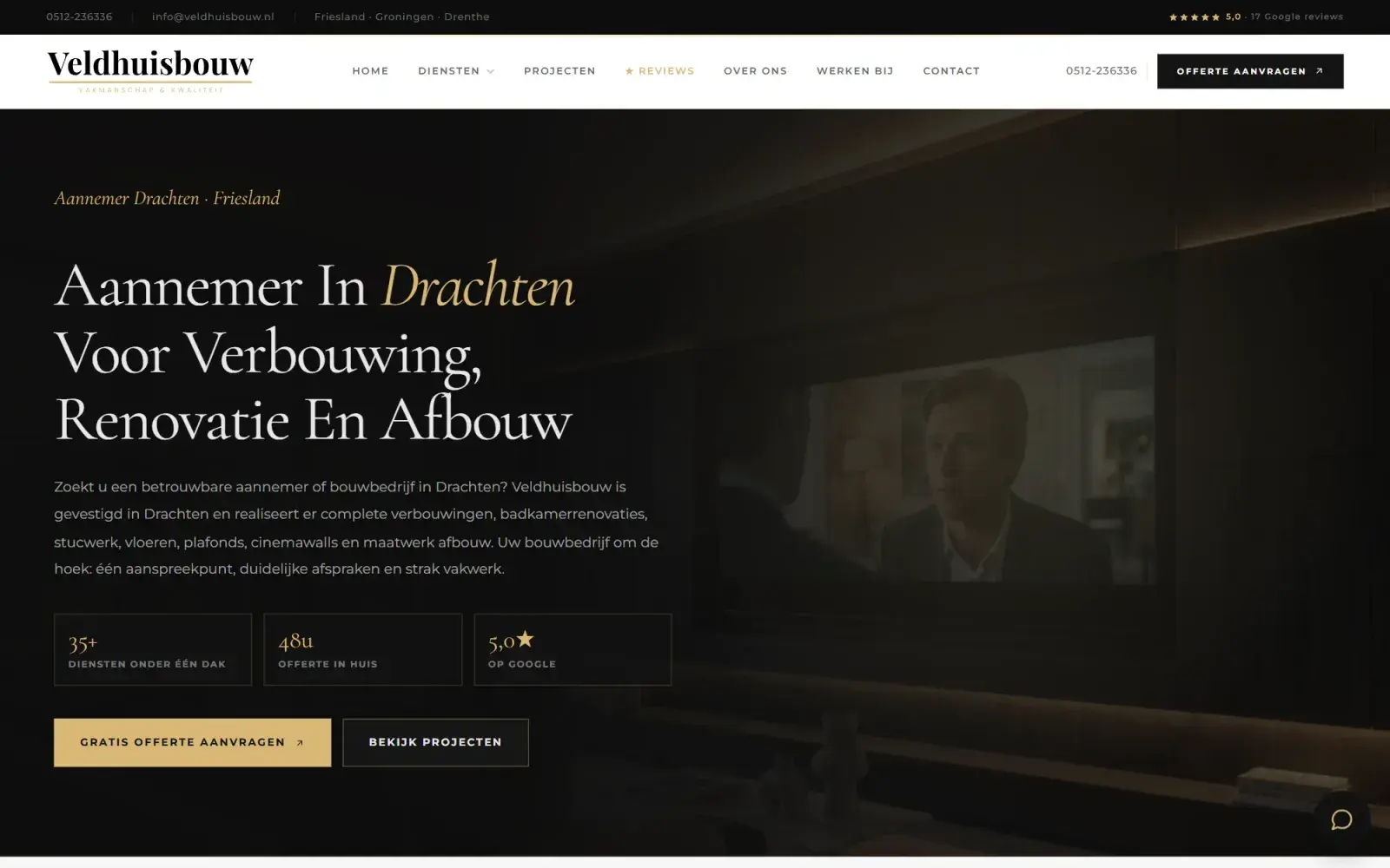 Stadspagina: Voor 17 steden een eigen pagina 'aannemer in', met diensten, projecten en reviews uit die plaats.